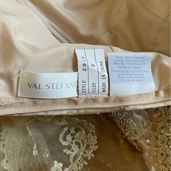 Val Stefani V-Cut Tulle Overlay Sleeve Sequin Bead Lace Embellished Gown Dress - Picture 17 of 17